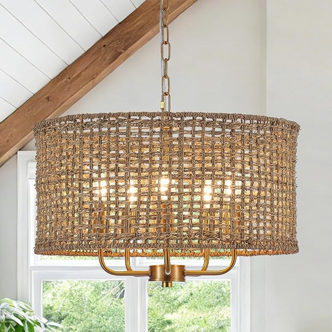 Boho Rattan Chandelier for Dining Room, Vintage Farmhouse Bamboo Golden Chandelier Modern 5-Light... | Amazon (US)