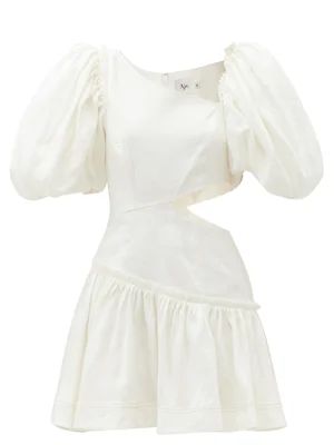 Chateau puff-sleeve cutout linen-blend mini dress | Matches (UK)