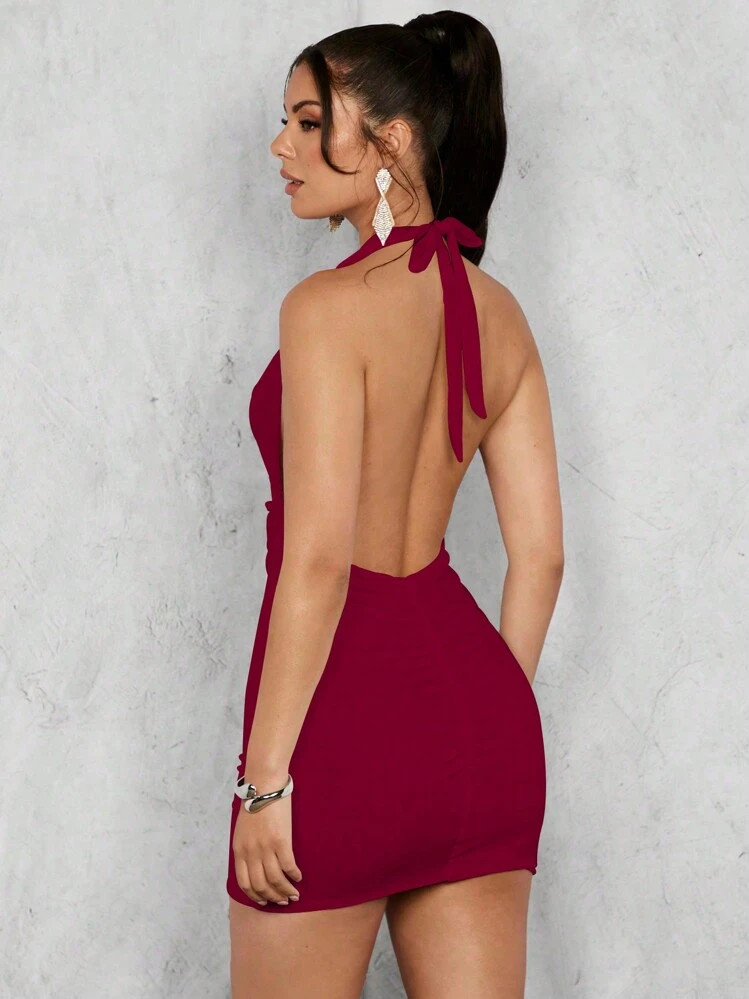 Glamine Solid Color Halter Backless Pleated Sleeveless Bodycon Dress Burgundy Color Women Outfit | SHEIN