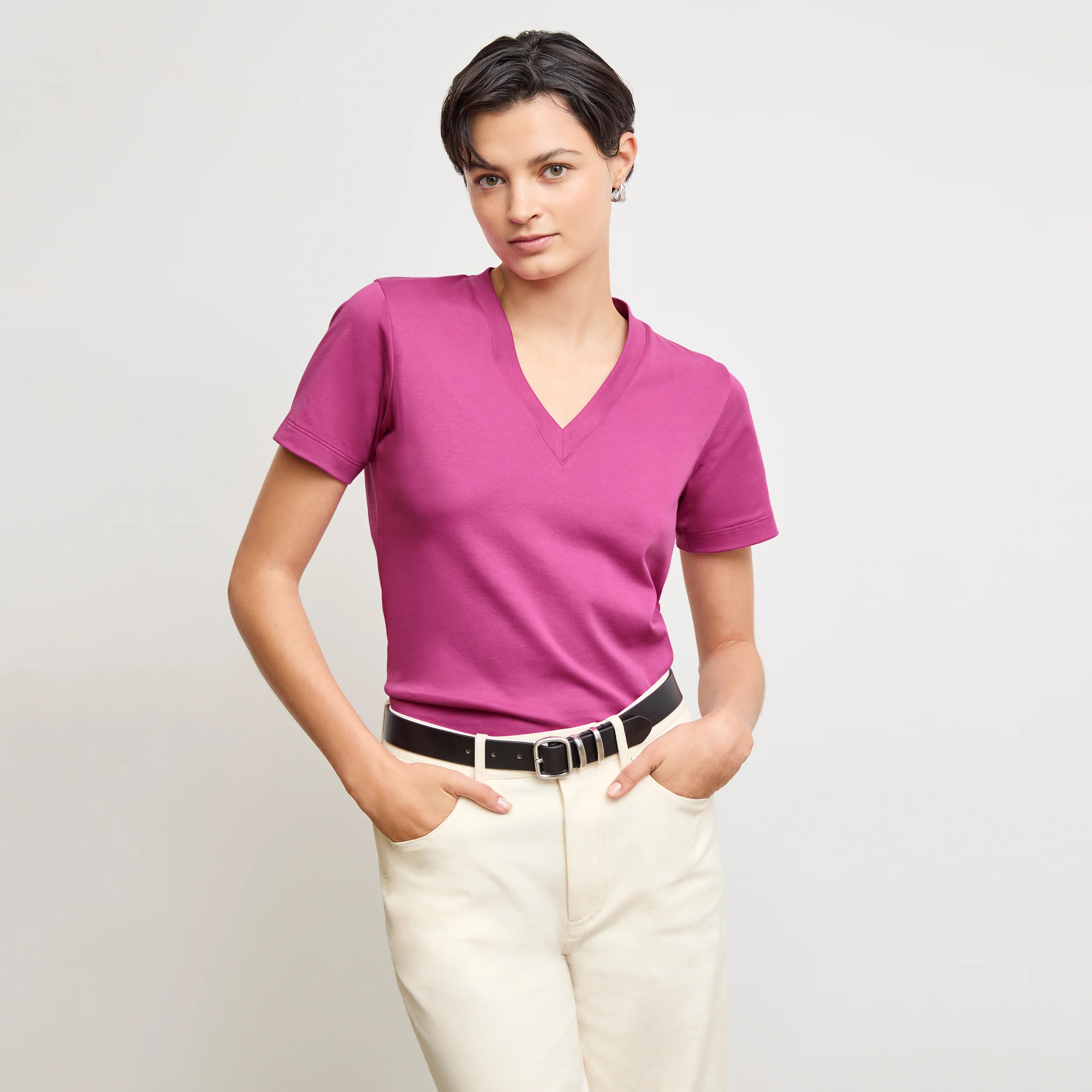 Lee V-Neck T-Shirt - Organic Pima Cotton :: Pink Berry | MM LaFleur