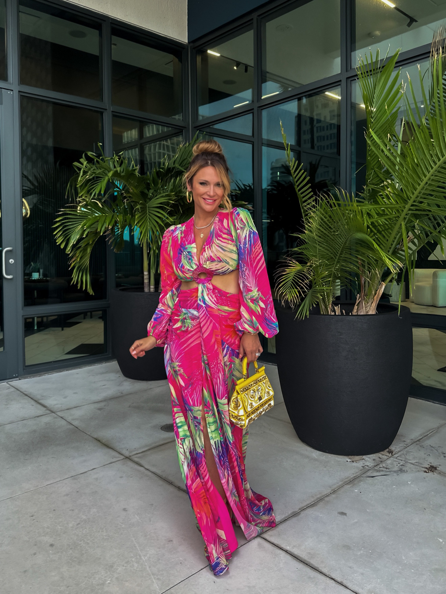 Palm print dress, wearing size medium. Exact dress can be found on Fashionnova (Breezing by Chiffon Maxi Dress-Fuchsia)
Palm Beach, maxi dress, beach dress, cutout dress, dolce & Gabbana handbag, 

#LTKstyletip #LTKwedding #LTKtravel