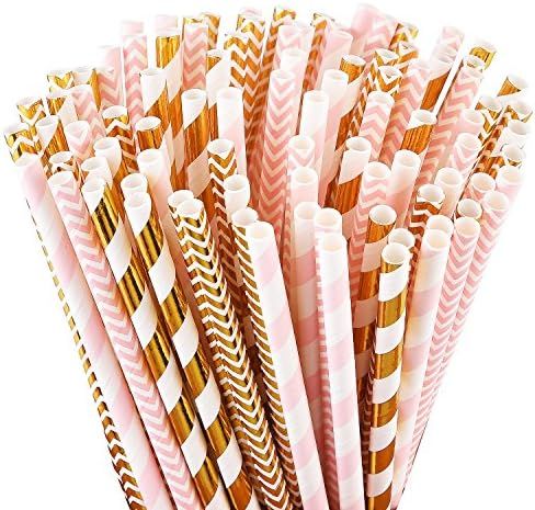 ALINK Biodegradable Paper Straws, 100 Pink Straws / Gold Straws for Party Supplies, Birthday, Weddin | Amazon (US)