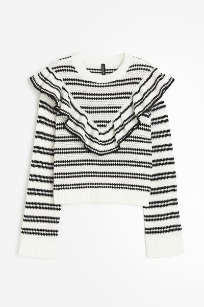 Ruffle-trimmed Textured-knit Sweater - Black - Ladies | H&M US | H&M (US + CA)