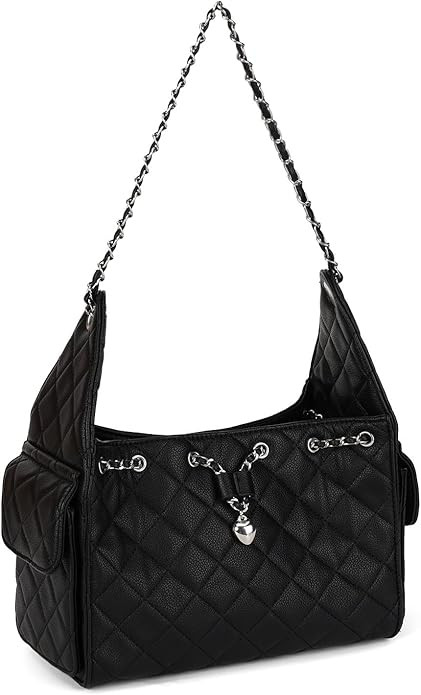 Quilted Hobo Bag for Women, Large Leather Shoulder Purse with Silver Chain Strap Ladies Tote Hand... | Amazon (US)