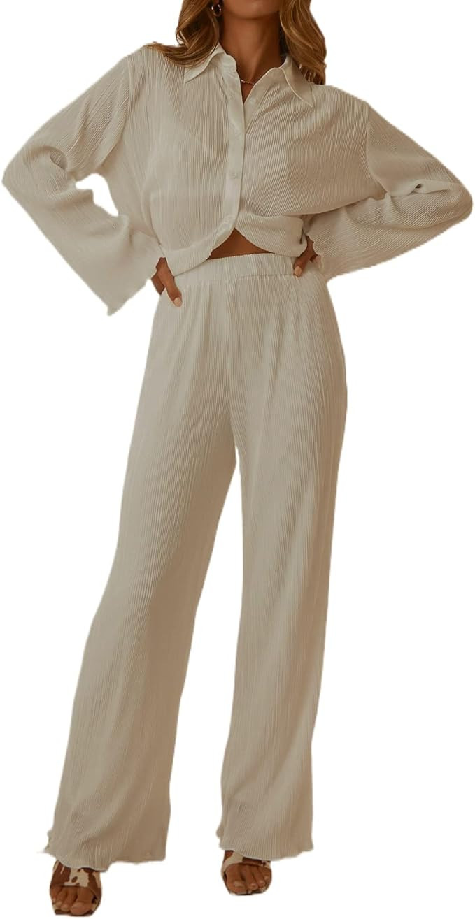 NUFIWI Women Y2K 2 Piece Pants Set Oversized Floral Printed Button Down Shirt High Waist Pants Ou... | Amazon (US)