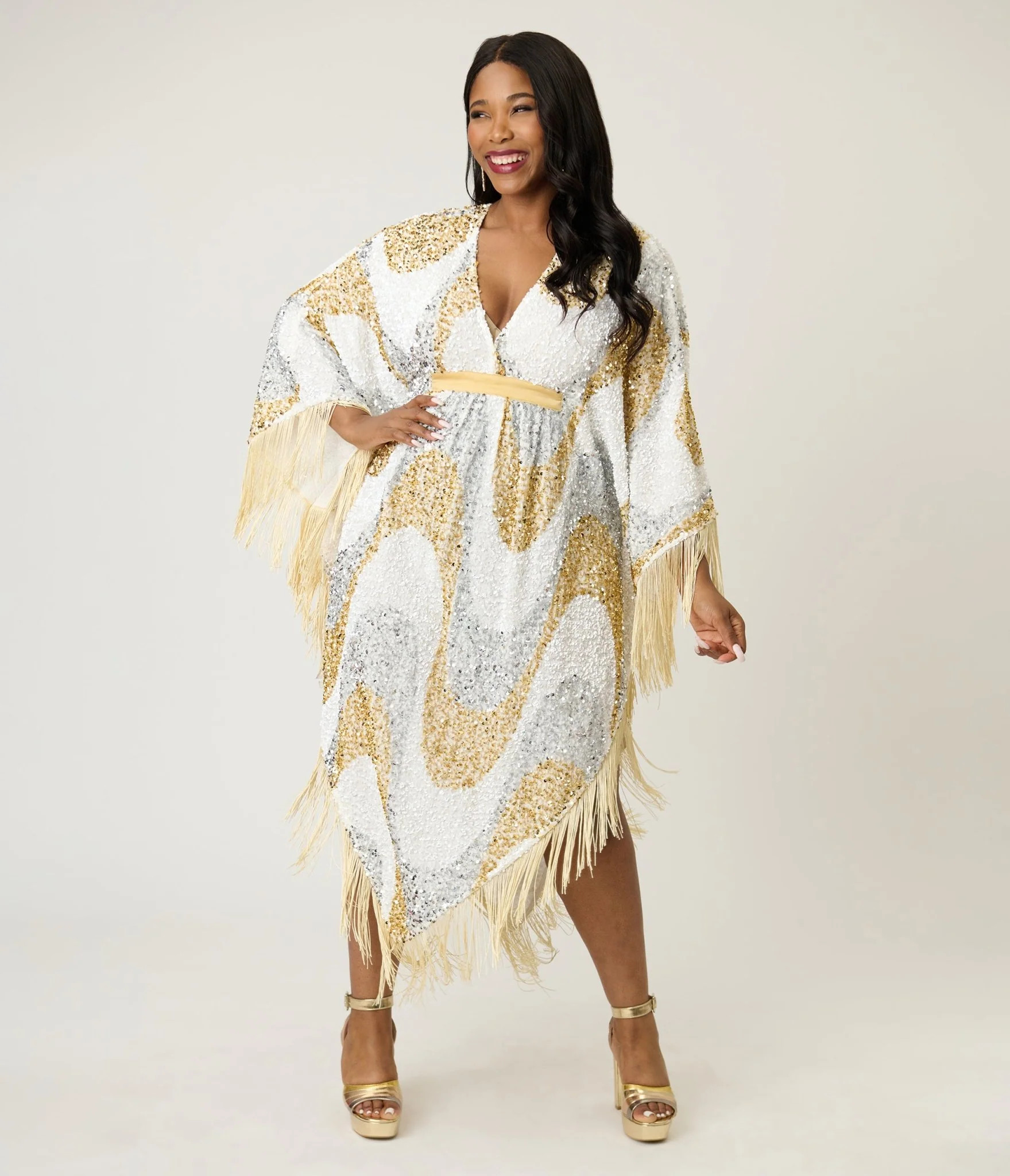 Smak Parlour 1970's White & Gold Sequin Fringe Caftan Dress | UniqueVintage