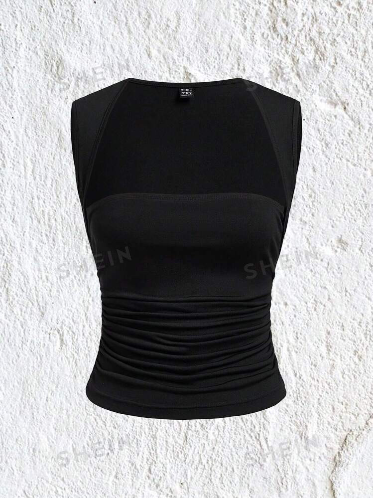 SHEIN EZwear Summer Solid Ruched Side Tank Top | SHEIN USA | SHEIN