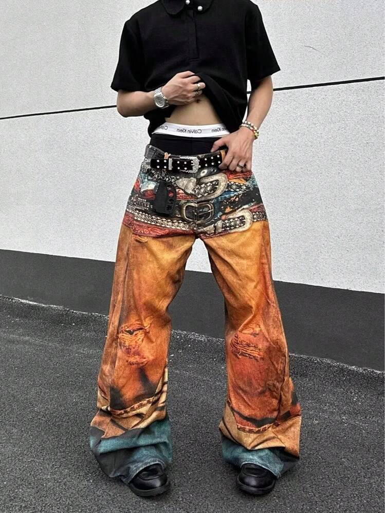 3D Printed Retro Color Oil Painting Belt Curved Knife Jeans Pants, High Street Retro Color Belt 3D Printed Wide Leg Pants | SHEIN