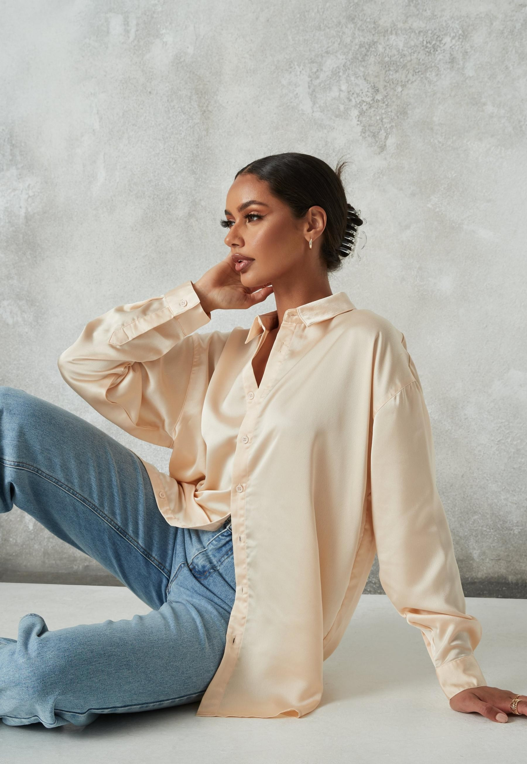 Missguided - Nude Extreme Oversized Satin Shirt | Missguided (US & CA)