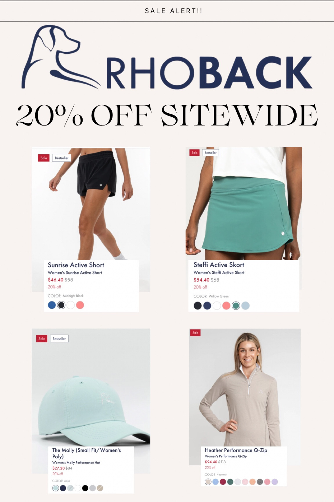 Rhoback Longest Day of the Year sale is 20% off site wide!! This is a great sale - would make great gifts or treat yourself items. #rhoback #golf #athleisure #pickleball #tennis #skort #qzip #pullover #hoodie #athleticwear #ltksale #sale #polo #collaredshirt #joggers #hat #ballcap #cutecasual

#LTKSaleAlert #LTKActive #LTKSummerSales