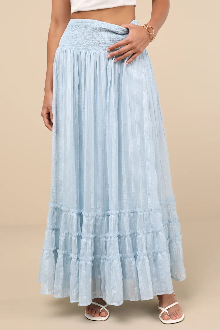 Sunny Baby Light Blue Smocked Tiered High-Waisted Midi Skirt | Lulus