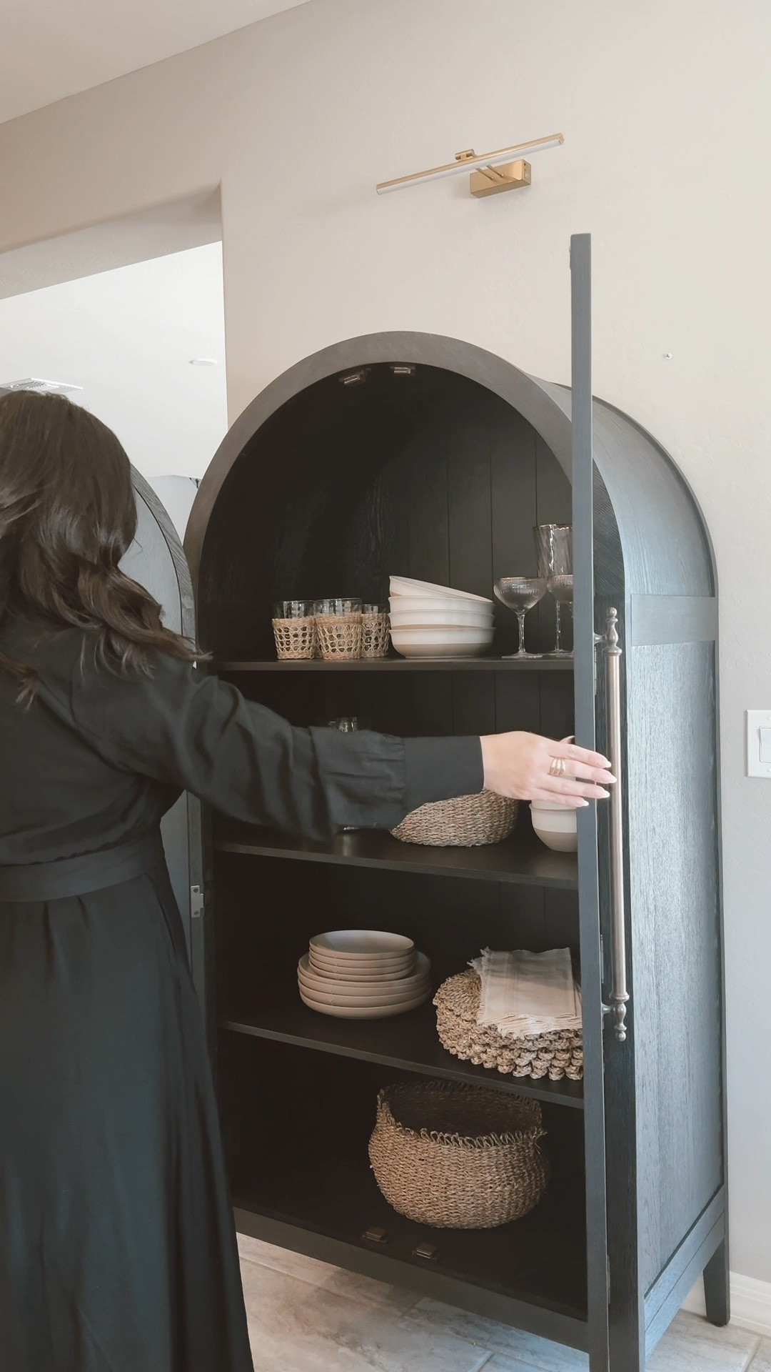 Back in Stock ALERT! Arched cabinet - Black Arched cabinet decor - SELENE CLASSICAL WOODEN CABINET IN ANTIQUED BLACK FINISH from Maven Lane 🤎  Dining Room Decor - Dining Table  - Dining Room Ideas 

#LTKStyleTip #LTKHome #LTKVideo