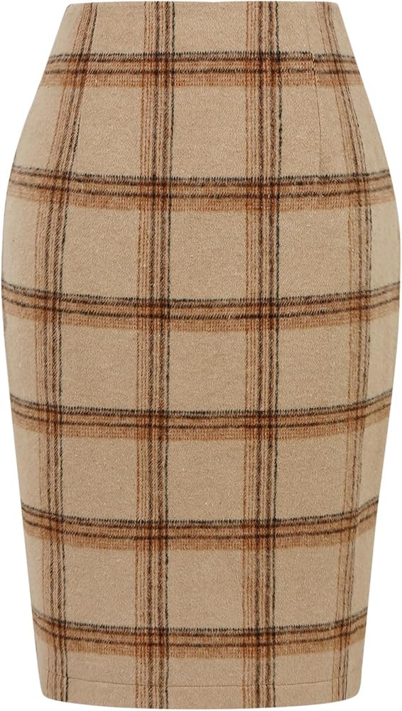 IDEALSANXUN Plaid Skirts for Women Fall Winter Knee Length Pencil Wool Skirt with Slit | Amazon (US)