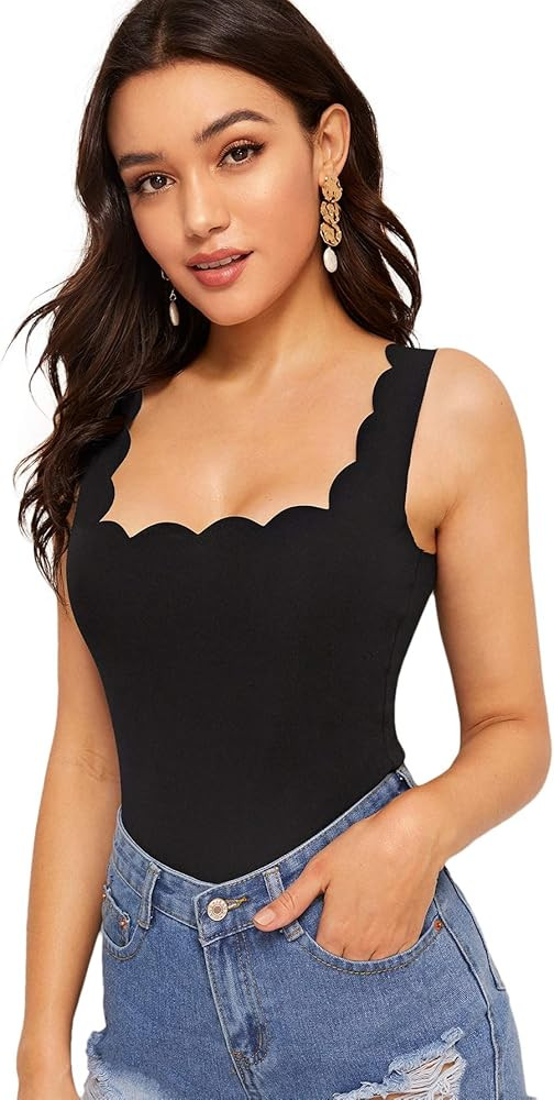 SweatyRocks Women's Square Neck Scallop Trim Cami Tank Top Solid Sleeveless Shirts | Amazon (US)