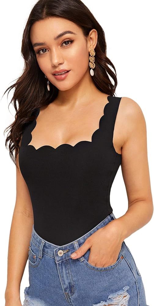 SweatyRocks Women's Square Neck Scallop Trim Cami Tank Top Solid Sleeveless Shirts | Amazon (US)