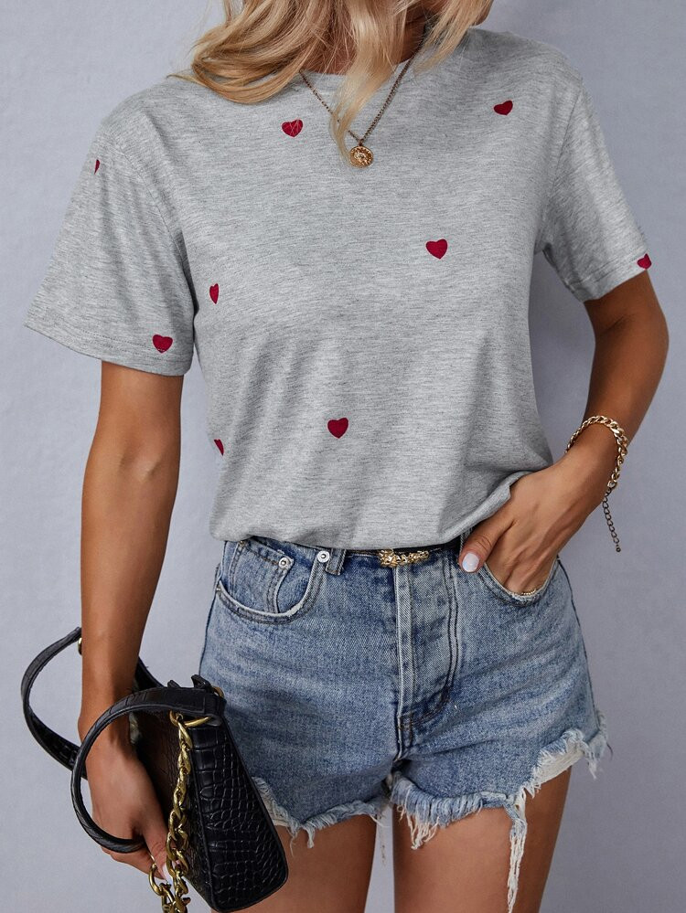 Heart Print Round Neck Tee | SHEIN