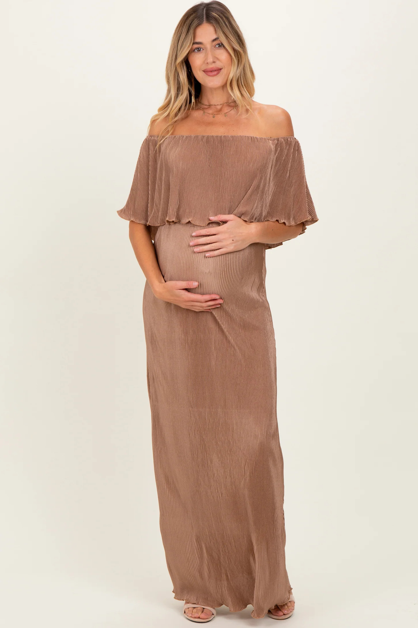 Mocha Pleated Ruffle Off Shoulder Maternity Maxi Dress | PinkBlush Maternity