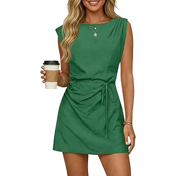 Wenrine Womens 2026 Summer Mini Dress Casual Sleeveless Tie Waist Loose Ruched Beach Vacation Sho... | Amazon (US)