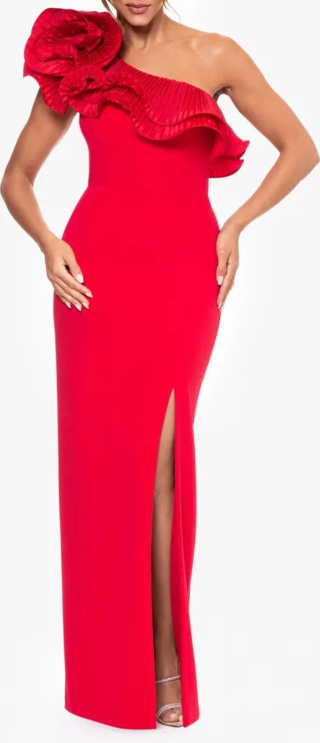 Pleated Ruffle One-Shoulder Scuba Crepe Column Gown | Nordstrom