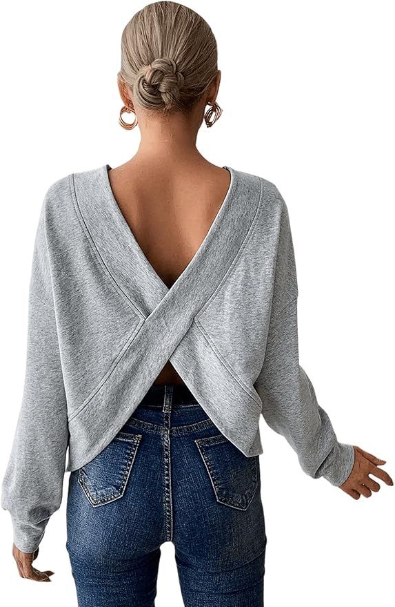 SweatyRocks Women's Criss Cross Crewneck Sweatshirts Cut Out Loose Pullover Blouse Backless Shirt... | Amazon (US)