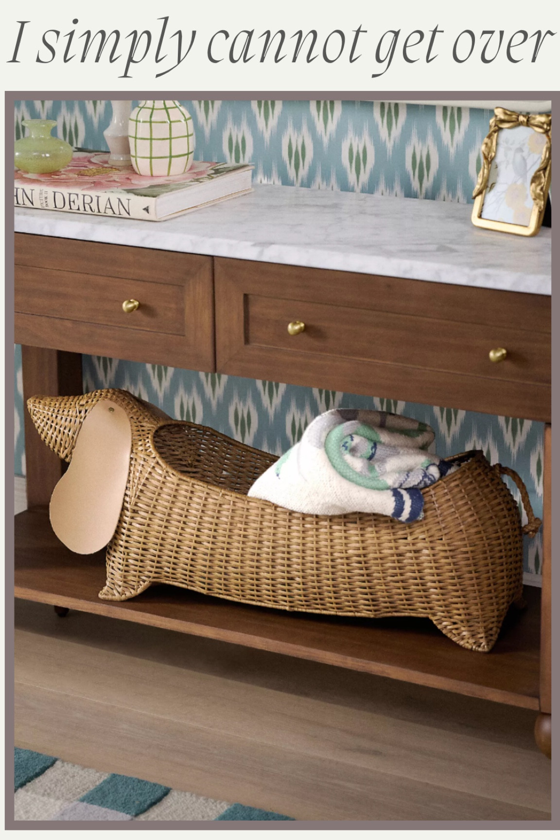 I cannot get over this woven wicker blanket basket that looks like a weenie! Would be perfect for a kids room, a lake house, or even as a dog’s toy basket 