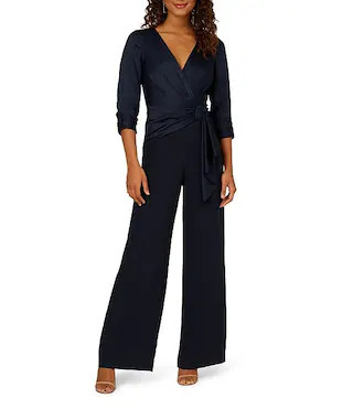 Stretch Satin Crepe Surplice V-Neck 3/4 Sleeve Side Drape Jumpsuit | Dillard's