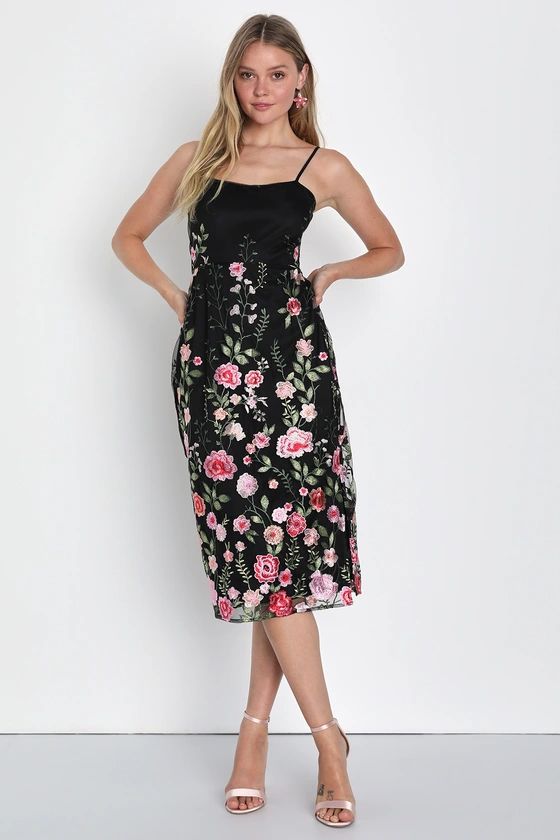Blooming For Love Black Floral Embroidered Midi Dress | Lulus