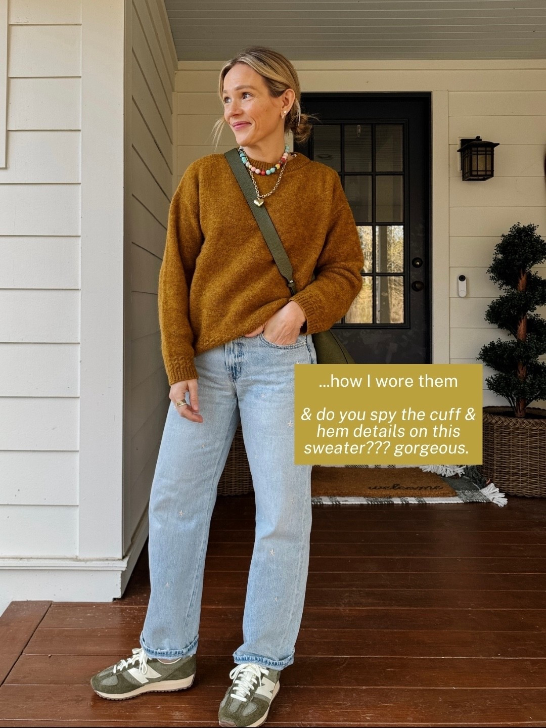 Sezane alpaca sweater is sosoft & has lovely cuff & waist stich details, wearing my regular size small ~ green New Balance sneakers from Madewell are super comfortable & true to size ~ use code LATELY`15 at Pistola, stellar jeans with star detail (are slightly long on me 5'3", waist is closer fitting but not enough to size up) ~ Madewell perfect white tee in my regular size small ~ Horse crossbody bag in more colors ~ xo, Claire

#LTKootd #LTKOver40 #LTKSeasonal