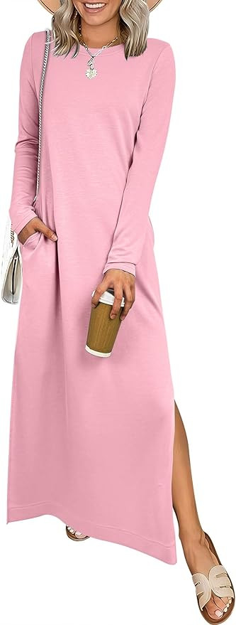 ANRABESS Women Long Sleeve Dresses 2025 Fall Casual Crewneck Loose Fit Split Flowy Wrinkle-Free T... | Amazon (US)