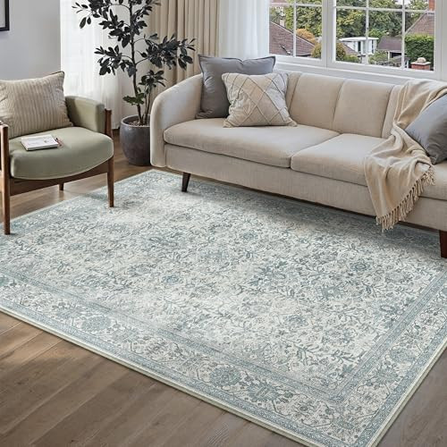 PureCozy Blue Area Rug 4x6 Washable Office Entryway Carpet Soft Vintage Indoor Kitchen Living Room Door Mat Traditional Retro Distressed Throw Small Rug Bedroom Dining Room Bathroom | Amazon (US)