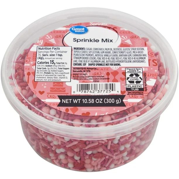 Great Value Traditional Valentine's Day Red, Pink and White Sprinkles Mix, 10.58 oz. Tub - Walmar... | Walmart (US)