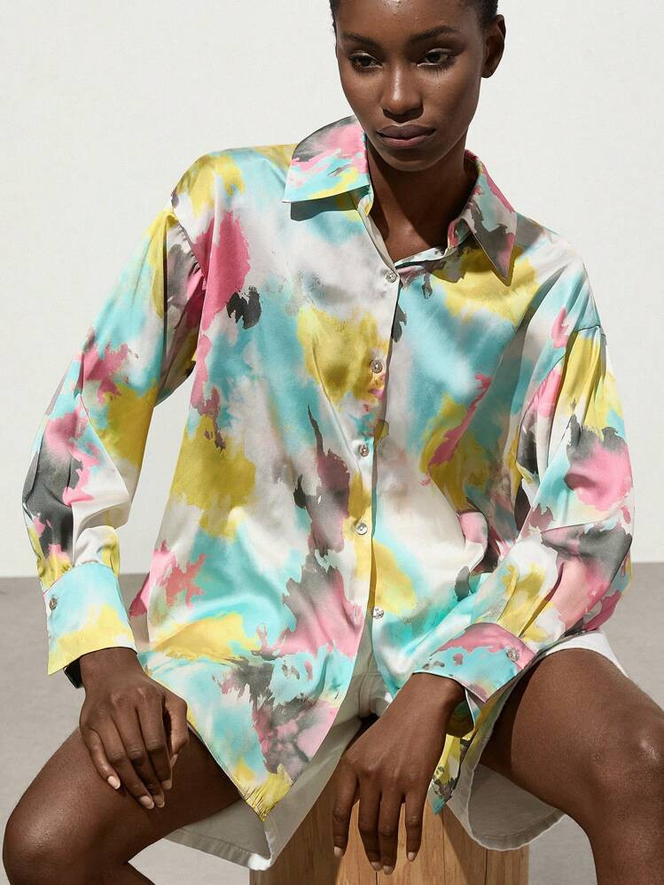 Aveloria Modichic Retro High-End Palette Oil Painting Print Satin Long Sleeve Women Blouse Elegant Business Casual Women Button Up Shirt Women  | SHEIN