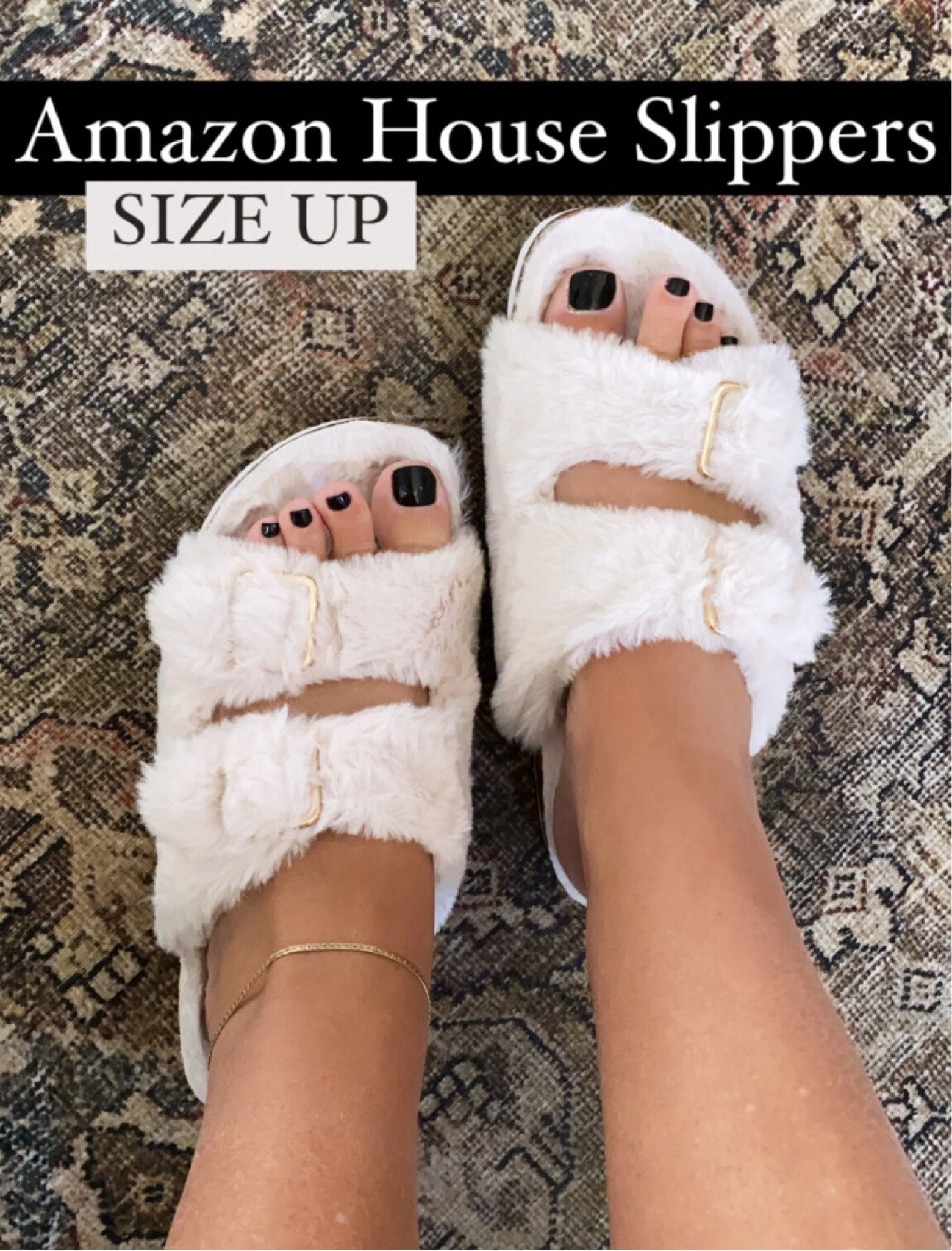 Amazon slippers ( house slippers but I also wear them out)
$25 and so comfy, runs small so size up 1 size 

amazon fashion finds, amazon sandals, amazon slippers, house slippers 

#LTKFindsUnder50 #LTKShoeCrush #LTKSaleAlert