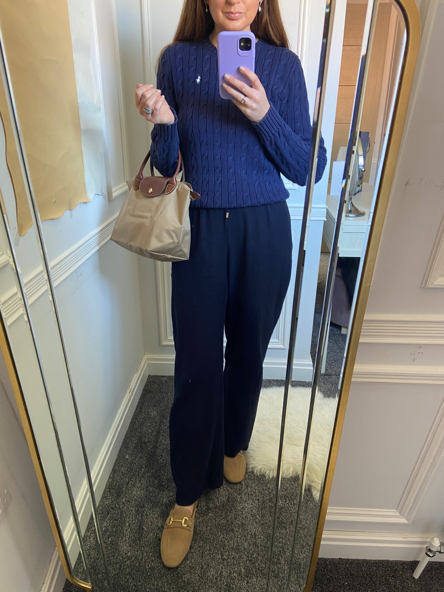 Starting the week in a classic and effortless spring look! I love how this navy cable knit sweater pairs with these wide-leg trousers for a timeless feel. Kept it neutral with my Longchamp Le Pliage and my new Holland Cooper suede loafers—obsessed with how chic and comfy they are! Perfect for a day of errands or a coffee date. 🌷☕️🥐 

#LTKSeasonal #LTKOver40 #LTKShoeCrush