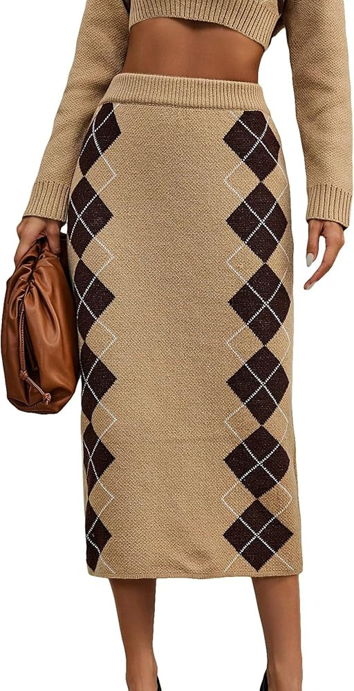 Floerns Women's Casual Vintage Plaid Print High Waist Ribbed Knit Pencil Skirt | Amazon (US)