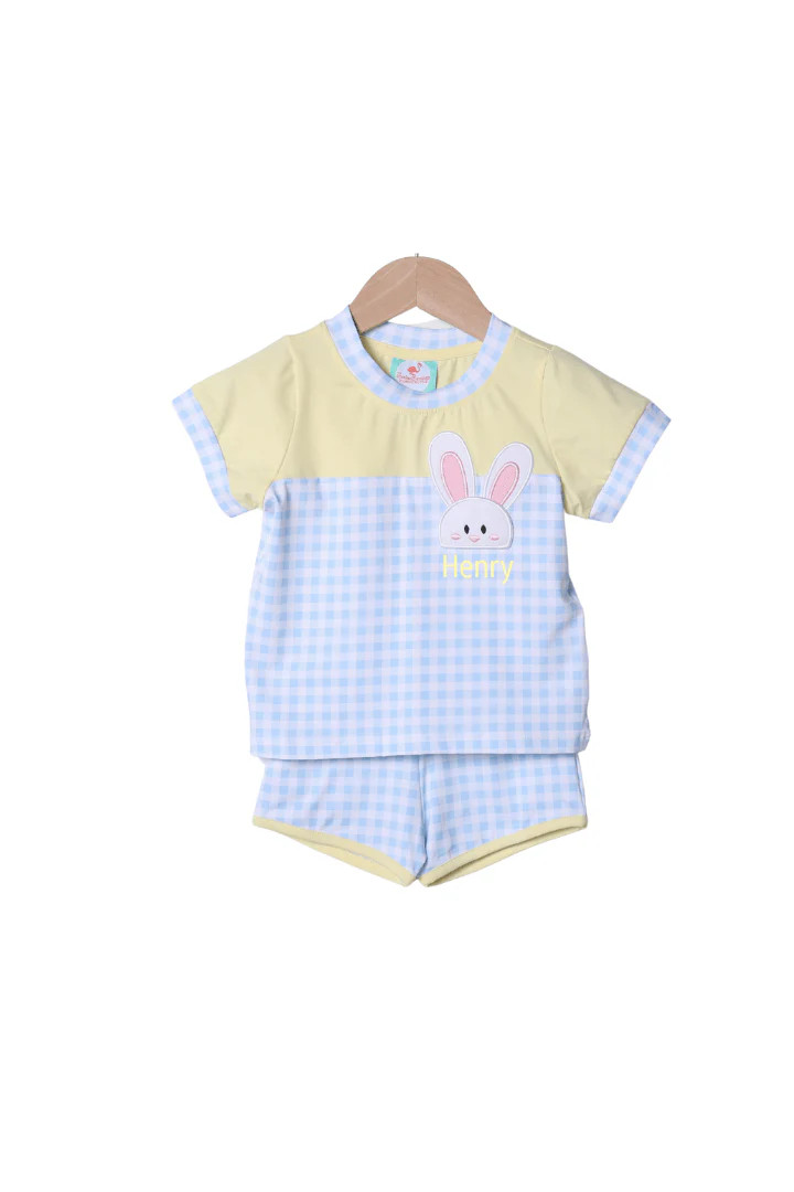 Bunny Hop Blue Gingham Short Set | The Smocked Flamingo