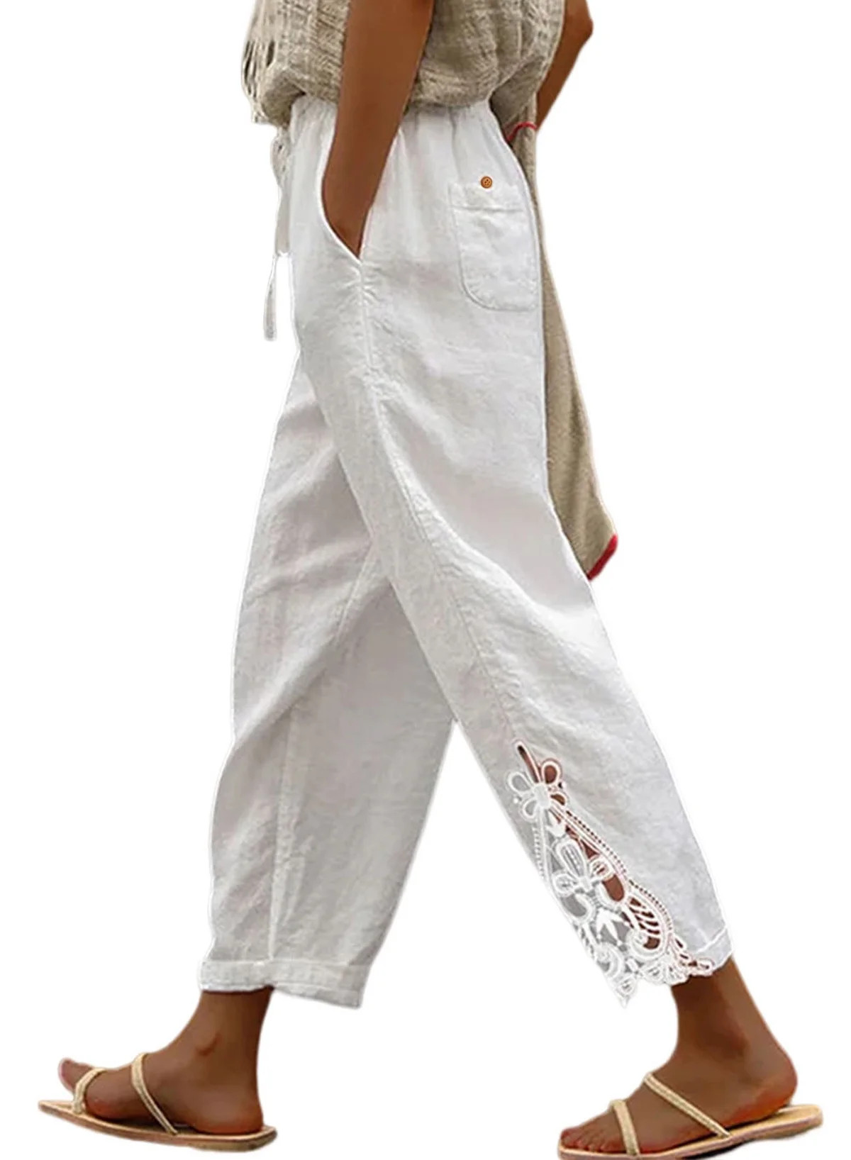 DOKOTOO Linen Cotton Pants Women Casual Lightweight Drawstring Pants Elastic Waist Pants with Poc... | Walmart (US)