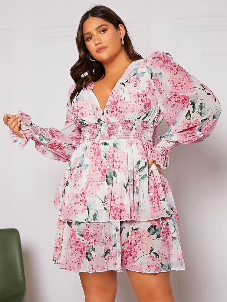 SHEIN Plus Allover Floral Print Shirred Waist Layered Hem Dress | SHEIN