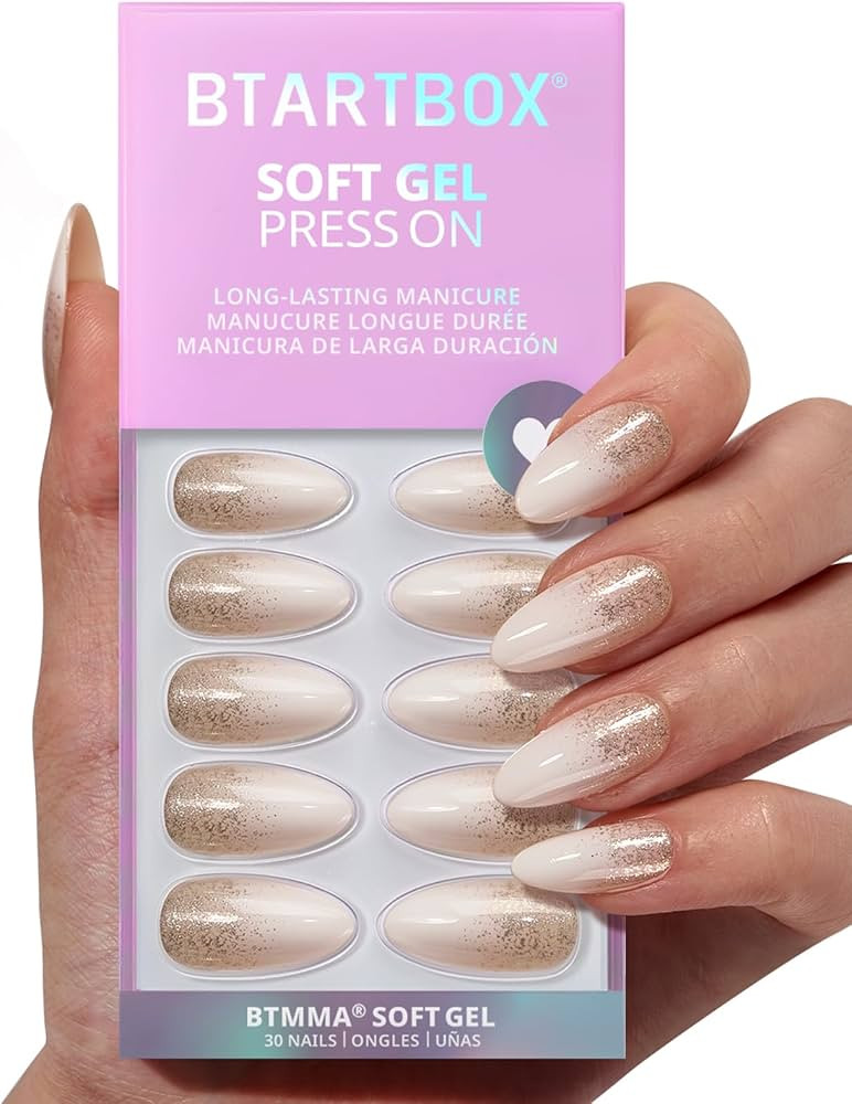 BTArtbox Press On Nails Almond - Champagne Frost, Medium Sparkle Christmas Press On Nails with Gl... | Amazon (US)