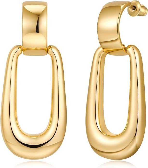 FAMARINE Door Knocker Earrings Gold Rectangle Earrings Gold Statement Earrings for Women Dangle D... | Amazon (US)