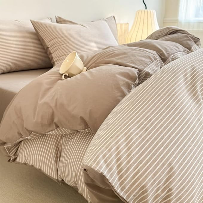 Bettwäsche 135x200 Baumwolle Beige Streifen - Bettwäsche-Sets 100% Gewaschene Baumwoll mit Ston... | Amazon (DE)