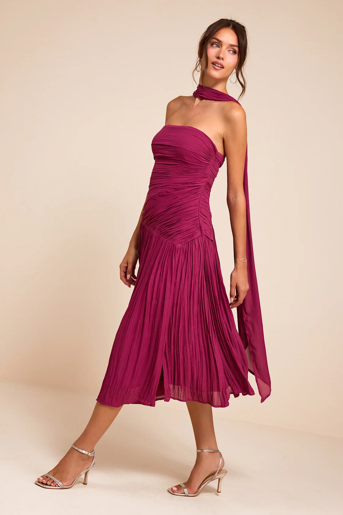Nellie Berry Pink Pleated Midi Dress and Scarf Set | Lulus