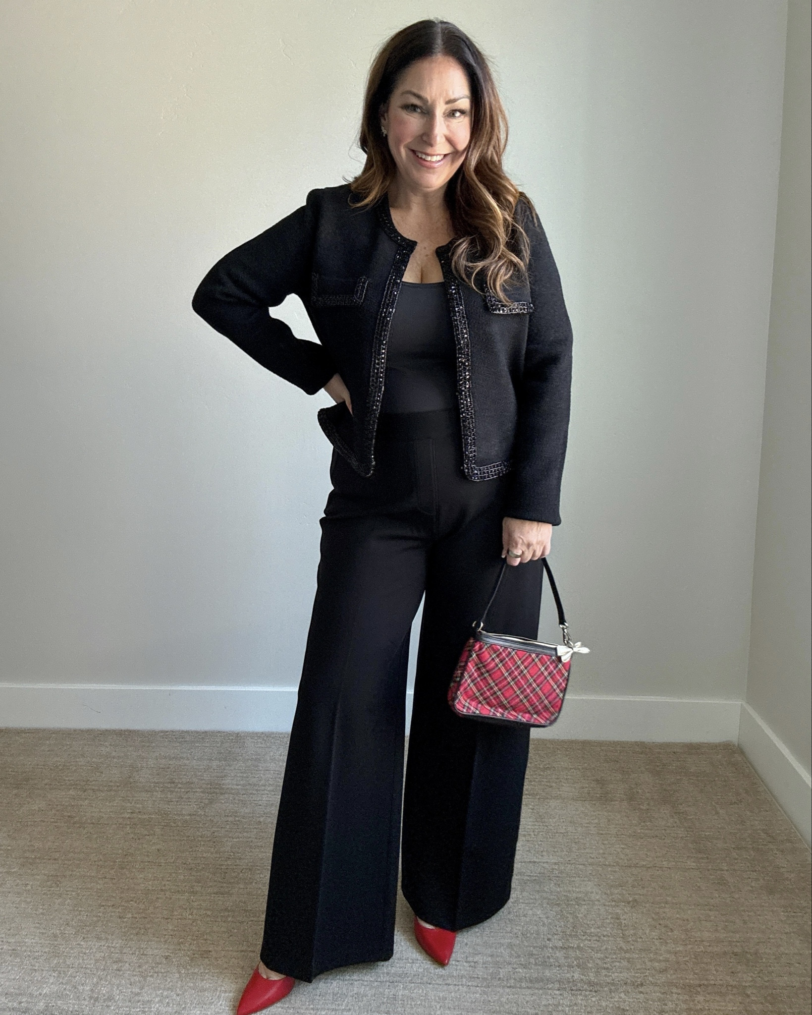 Sequin Lady Jacket Dressy Holiday Outfit // Jacket tts, L // Pants size up, XL Petite // Pumps tts 

 #LTKHoliday #LTKMidsize #LTKFindsUnder50