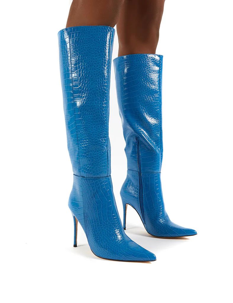 Aimi Blue Croc Knee High Stiletto Heel Boots | Public Desire (US & CA)