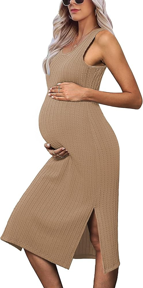 Elapse Space Women's Maternity Dress Rib Knit Sleeveless Tank Dresses Split Side Bodycon Dresses Pre | Amazon (US)