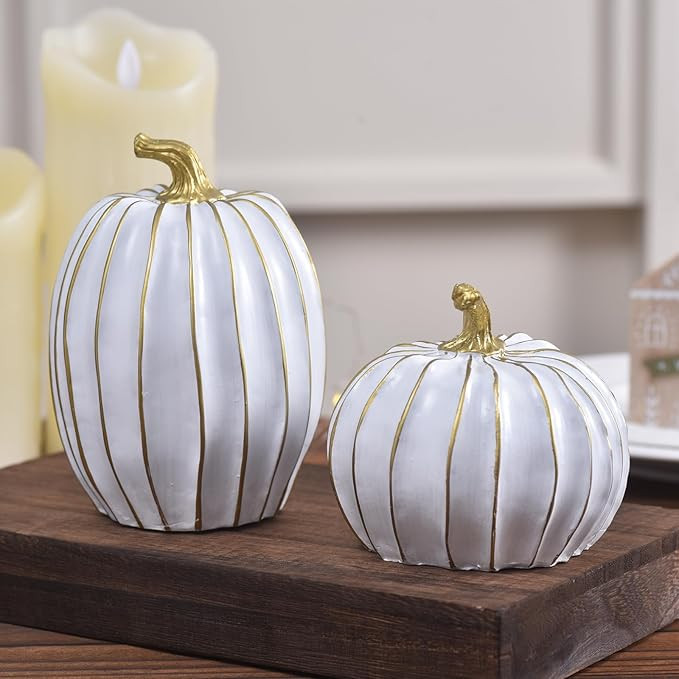 Fall Pumpkin Decor for Home, 2pcs White and Gold Resin Pumpkins, Thanksgiving Table Centerpiece, ... | Amazon (US)