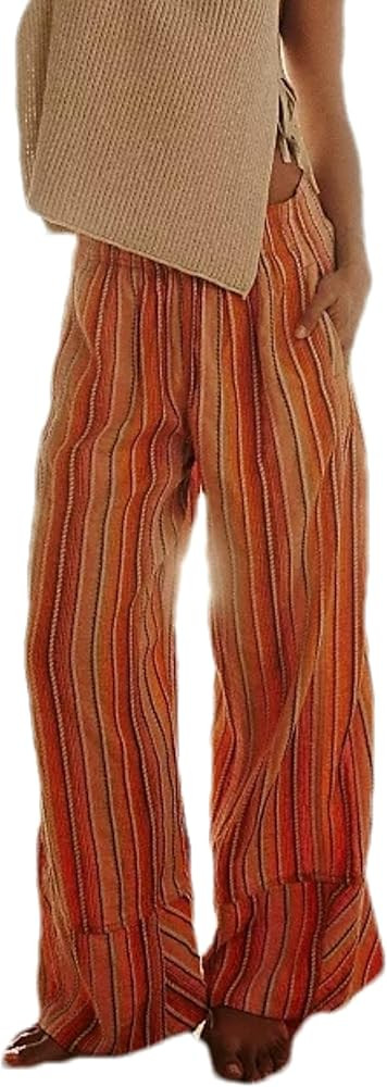 Bozanly Women's Striped Wide Leg Lounge Pants Boho Elastic Waist Loose Casual Trousers with Pocke... | Amazon (US)