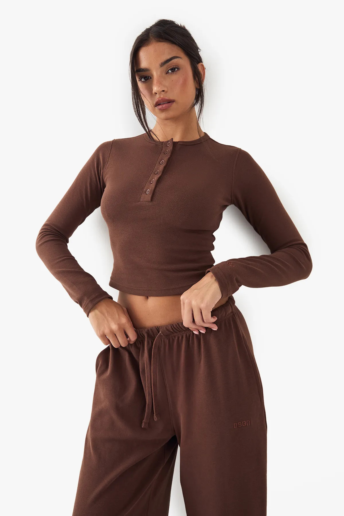 DSGN Studio Button Detail Embroidered Long Sleeve Top | Boohoo.com (UK & IE)