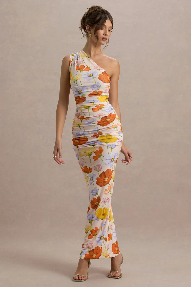 Dalarie | Bright Floral Print One-Shoulder Gathered Maxi Dress | Club L London