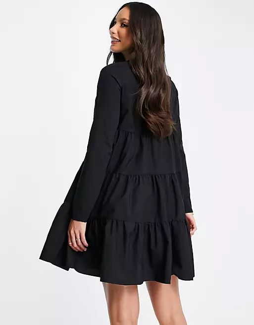 ASOS DESIGN Tall cotton poplin tiered long sleeve mini smock dress in black | ASOS (Global)